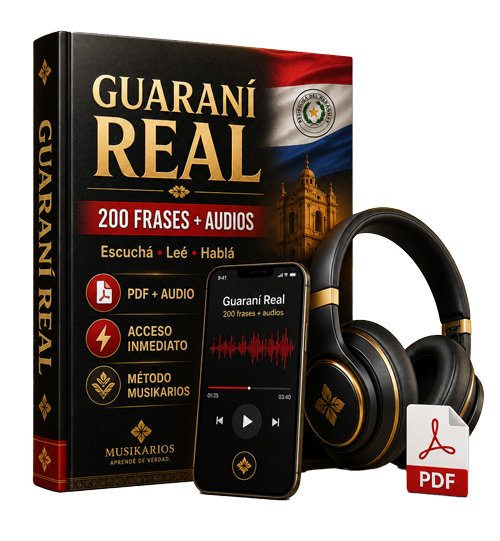 Mockup del curso Guaraní Real para aprender guaraní con 200 frases, PDF y audios guiados del Método Musikarios